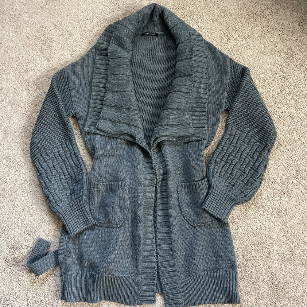 Elie Tahari Double Shawl Collar Midi Balloon Sleeve Cardigan Gray Thick Womens L - Picture 2 of 7